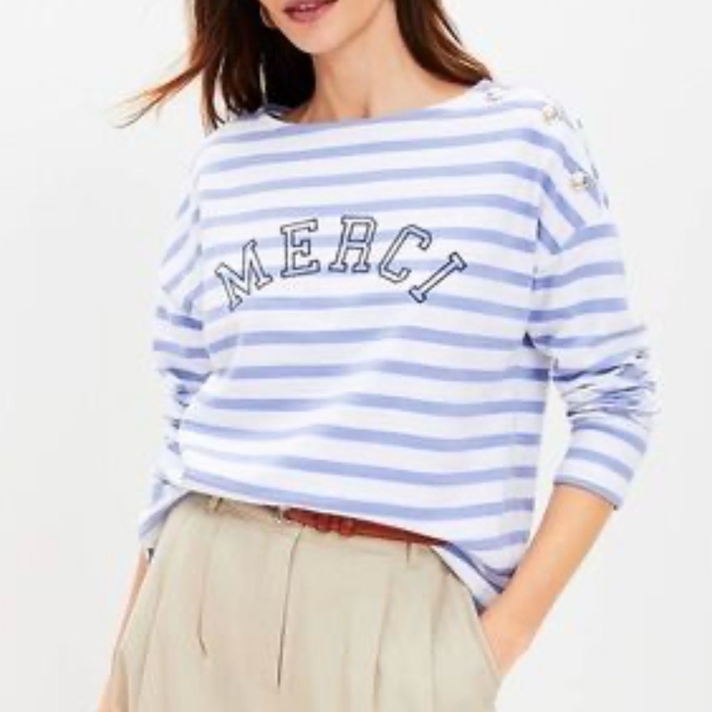 LOFT 100% Cotton Long Sleeve Stripes “Merci” Tee in Blue and White XL